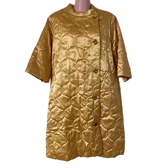 Vintage Robe Women's 13/14 Gold Quilted Satin Housecoat Rhinestone Buttons - Picture 1 of 5